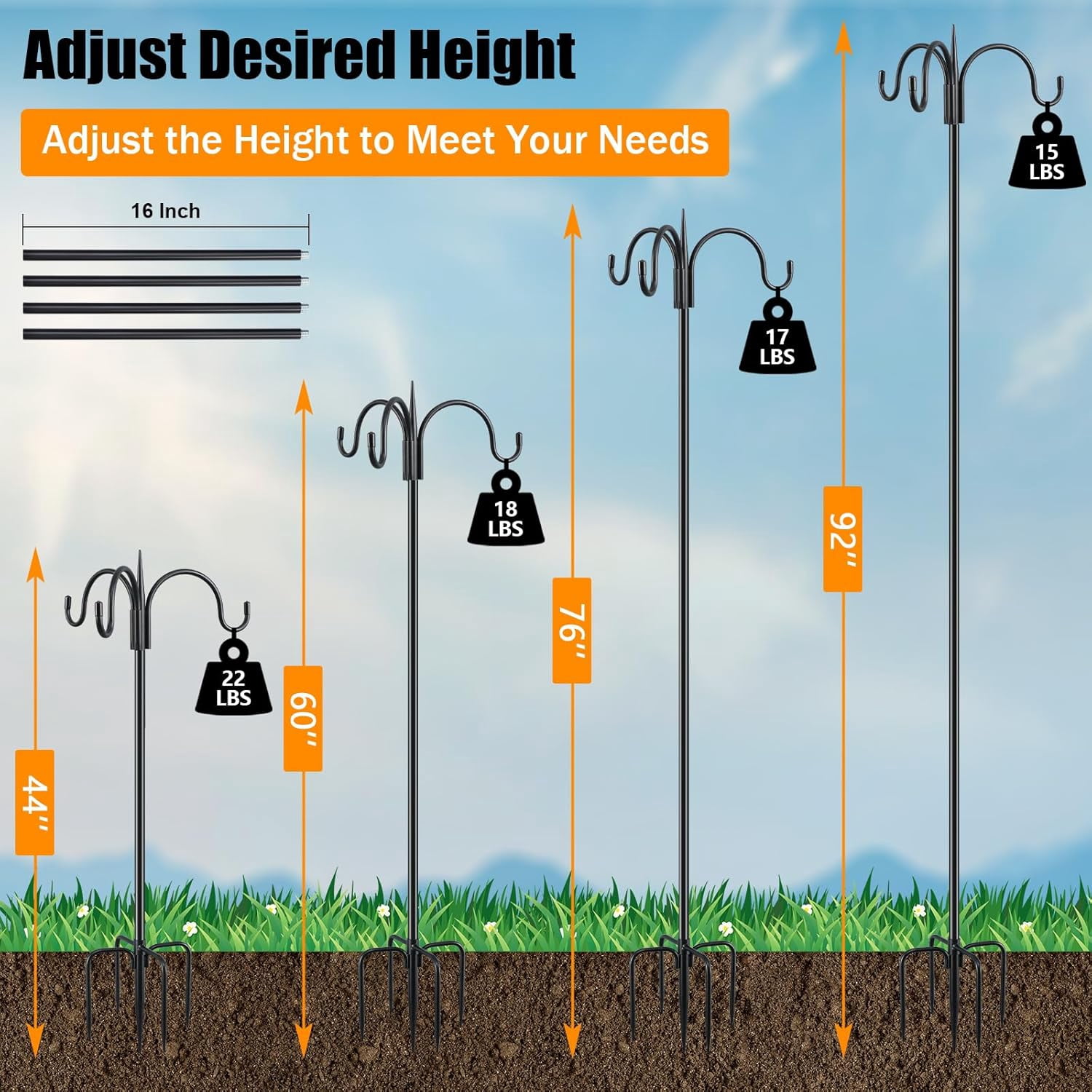 Heavy Duty Shepherds Hook 92" Triple Hooks - Metal 5-Prong Base, Adjustable (44/60/76/92") - 15lb Capacity Bird Feeder Pole for Hanging Plants, Solar Lanterns, Wind Chimes, 1 Pack