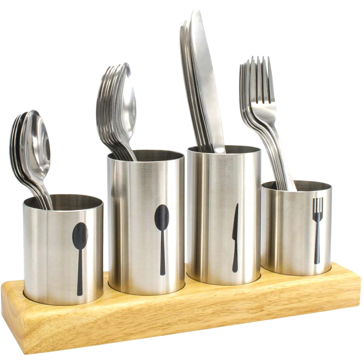 Sorbus Stainless Steel Utensil Holder with Bamboo Base, Silverware Organizer Caddy