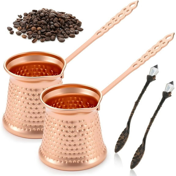 4 Pcs Turkish Coffee Pot and Spoon Set 10 oz Metal Turkish Greek Arabic Coffee Maker and Metal Spoon for Birthdays Mother's Day Father's Day Weddings Housewarming Coffee Lovers Gifts