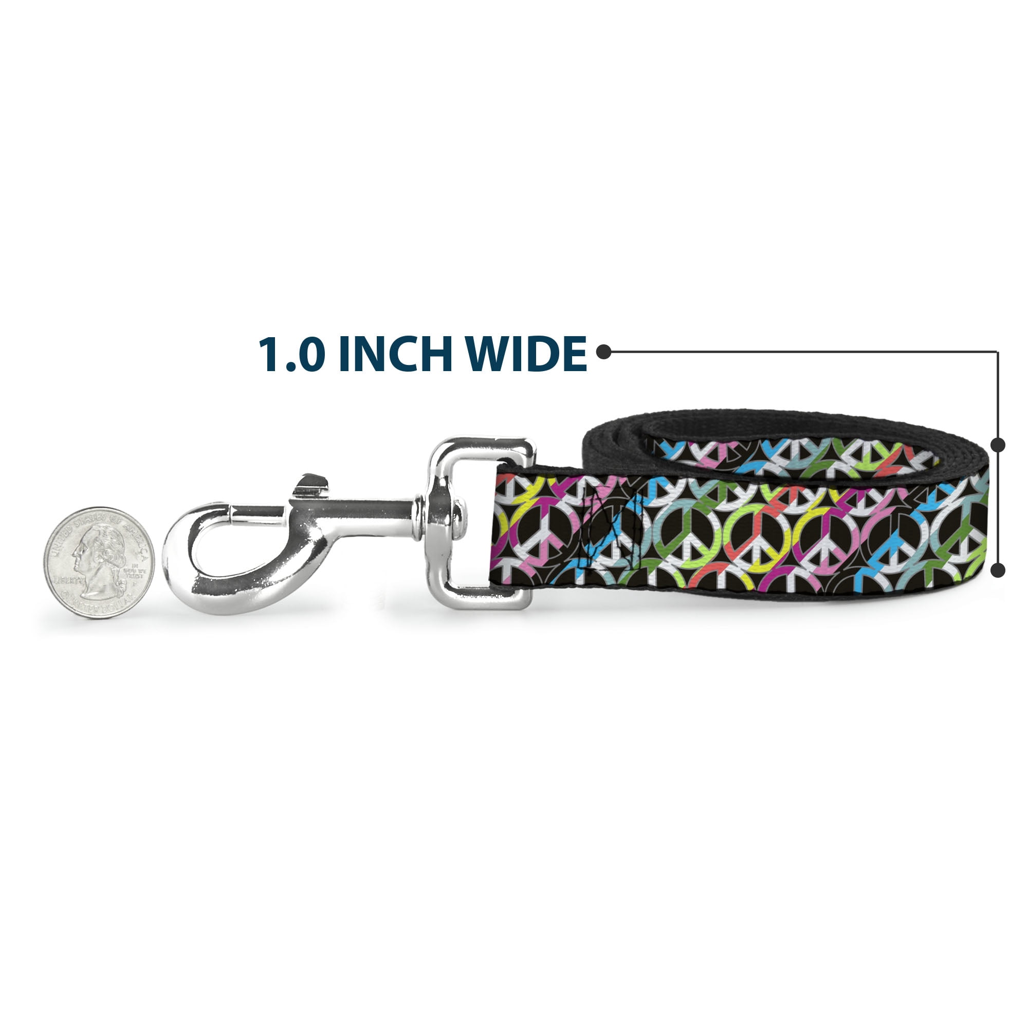 Buckle-Down Pet Leash, Dog Leash, Peace Black Multi Stripes, 6 Feet Long 1.0 Inch Wide