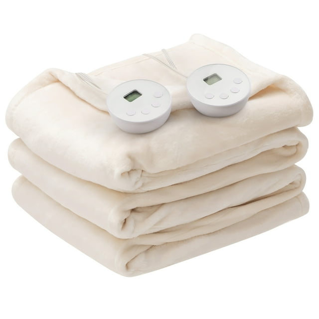 Costway 84" x 90" Flannel Heated Blanket Electric Throw w/ Dual Controller Beige