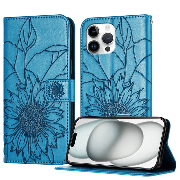 Luxury Embossed Floral Wallet Case for iPhone 11, PU Leather TPU Flip Cover with Card Slots Kickstand Magnetic Closure Shockproof Full Body Protection for Women & Girls, Blue