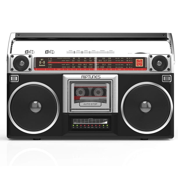 Boombox Riptunes Negro Estilo Clásico con Reproductor de Cassette y Radio AM/FM para Hombre