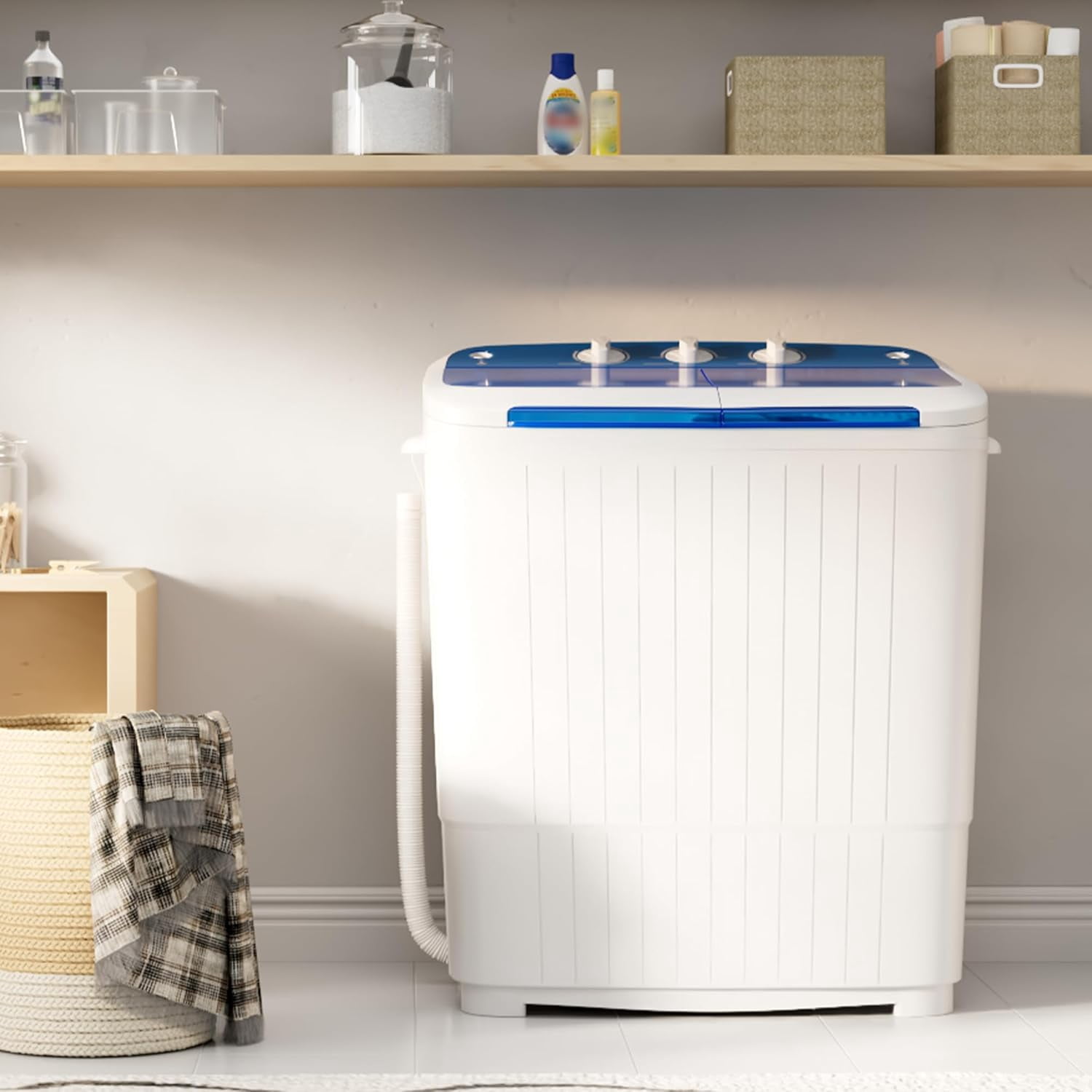 Pataku Portable Washing Machine, Compact Twin Tub Mini Washing Machine, 17.6 LBS Washer and Dryer Combo with Soaking Function, Semi-Automatic for Apartment, Dorms, RVs, Camping (White & Blue)