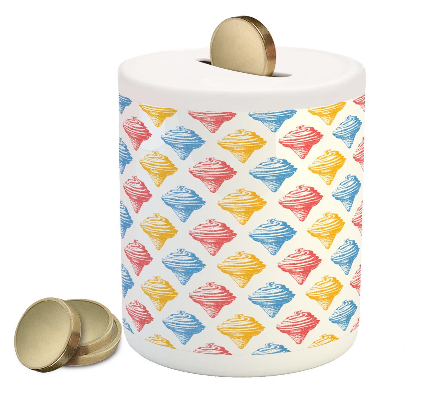 Food Piggy Bank, Ice Cream Cones Fifties Time Colored Drawings with Abstract Retro Like Design Image, Ceramic Coin Bank Money Box for Cash Saving, 3.6" X 3.2", Multicolor, by Ambesonne