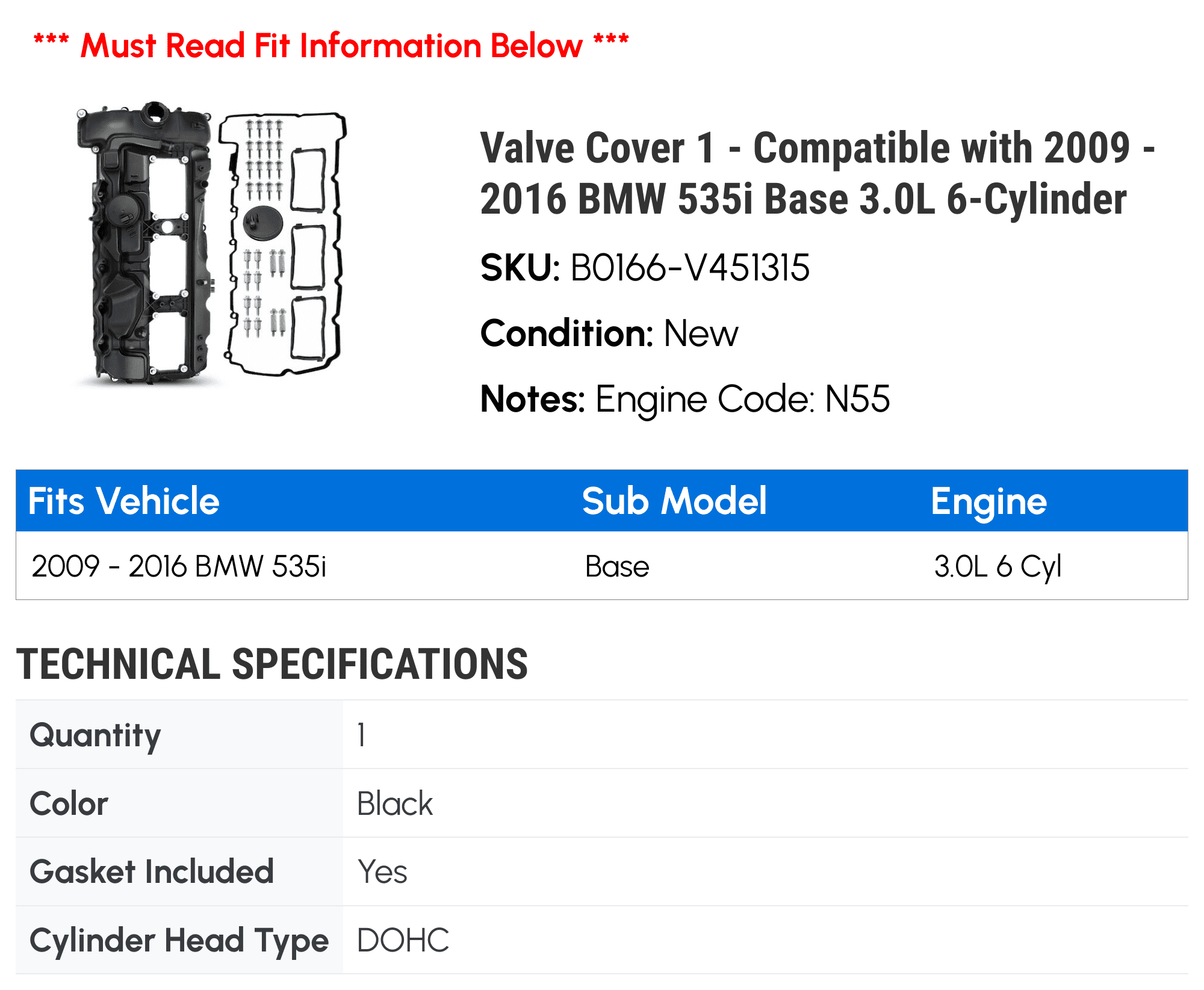 Valve Cover 1 - Compatible with 2009 - 2016 BMW 535i Base 3.0L 6-Cylinder - Autopart Premium