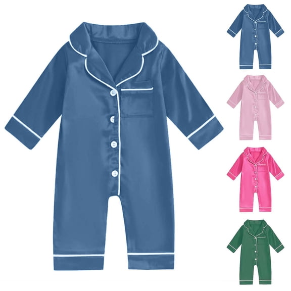 Summer One Piece Pajamas For Toddler Lapel Long Sleeve Button Down Romper Lightweight Comfy Jumpsuit (9 Months, Blue)