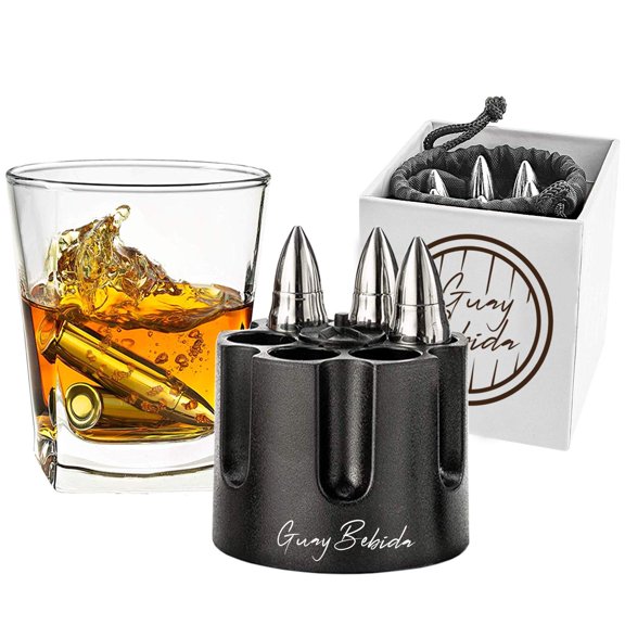 Guay Bebida Stainless Steel Chilling Ice Bullets with Pouch Reusable Stone Chiller On the Rocks Cold Drinks for Whiskey, Scotch Bourbon Soda - Small Silver