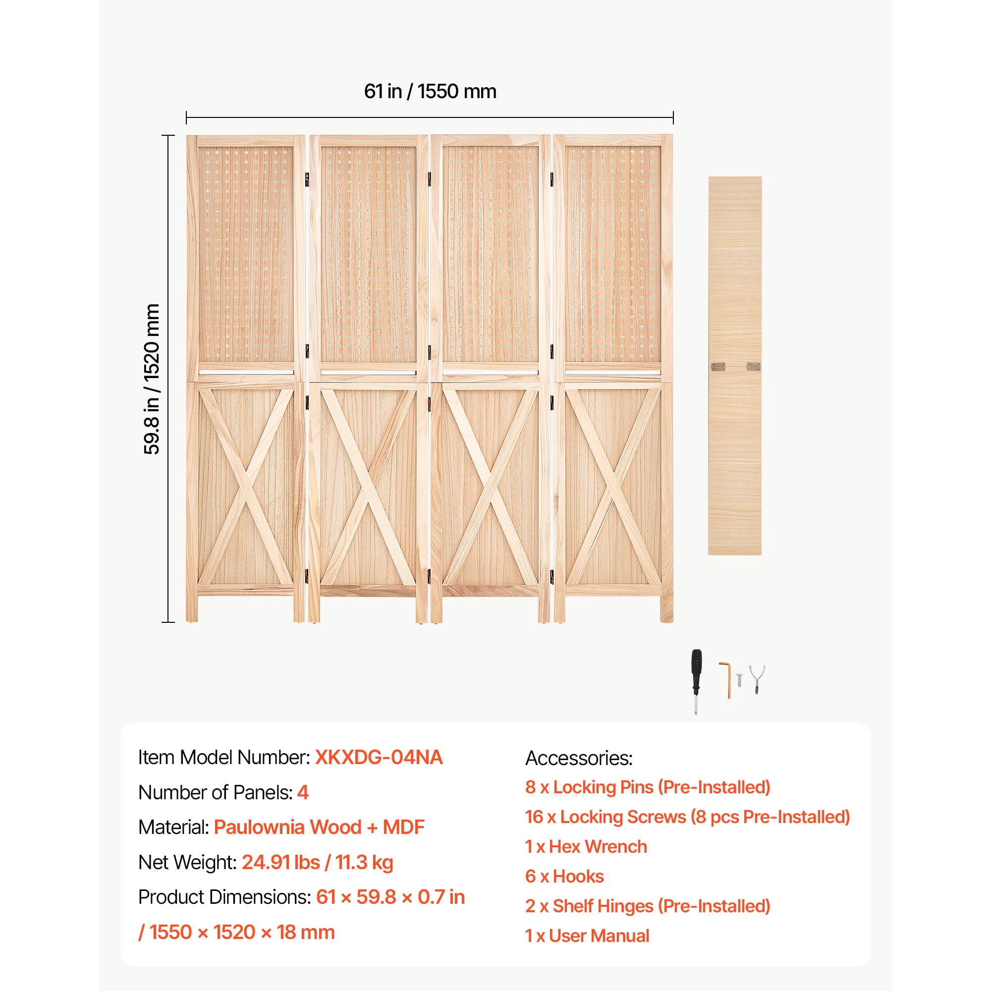 KFFKFF Wooden Room Divider Pegboard Folding Privacy Screen with Shelves, Ideal for Room Separation and Home Decoration, 4 Panels, Sturdy Frame with X Design, 360° Dual-Directional Hinges