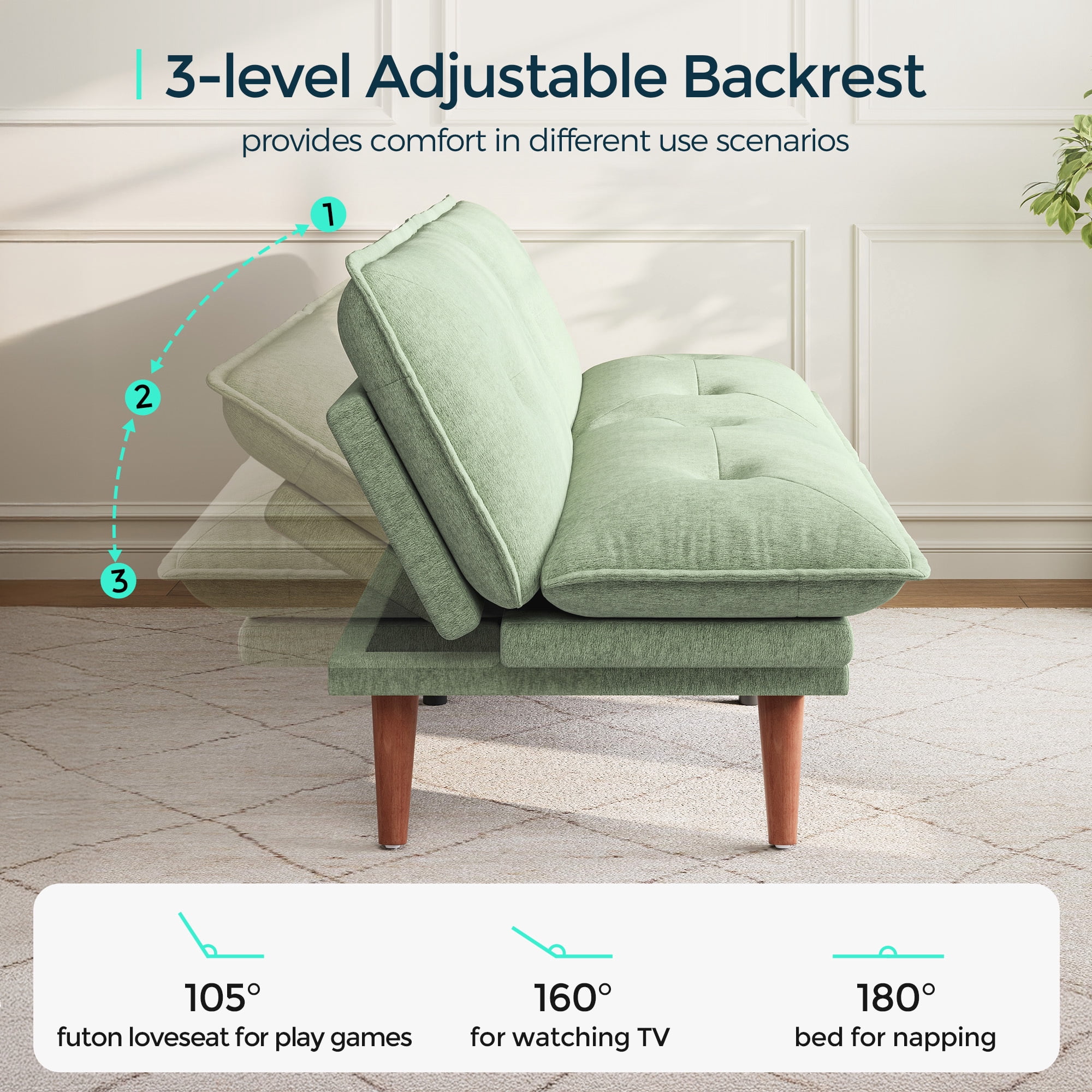 LINSY HOME Futon Sofa, Modern Loveseat Sofa, Chenille Convertible  Bed with Adjustable Armrests forA partment, Green