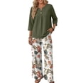 thumbnail image 2 of Bold Monochrome Floral Print Two Piece Set for Women, 3/4 Sleeve Button Down Top & Wide Leg Pants - Casual Lounge Outfit with Geometric Hem Trousers Army Green L, 2 of 7