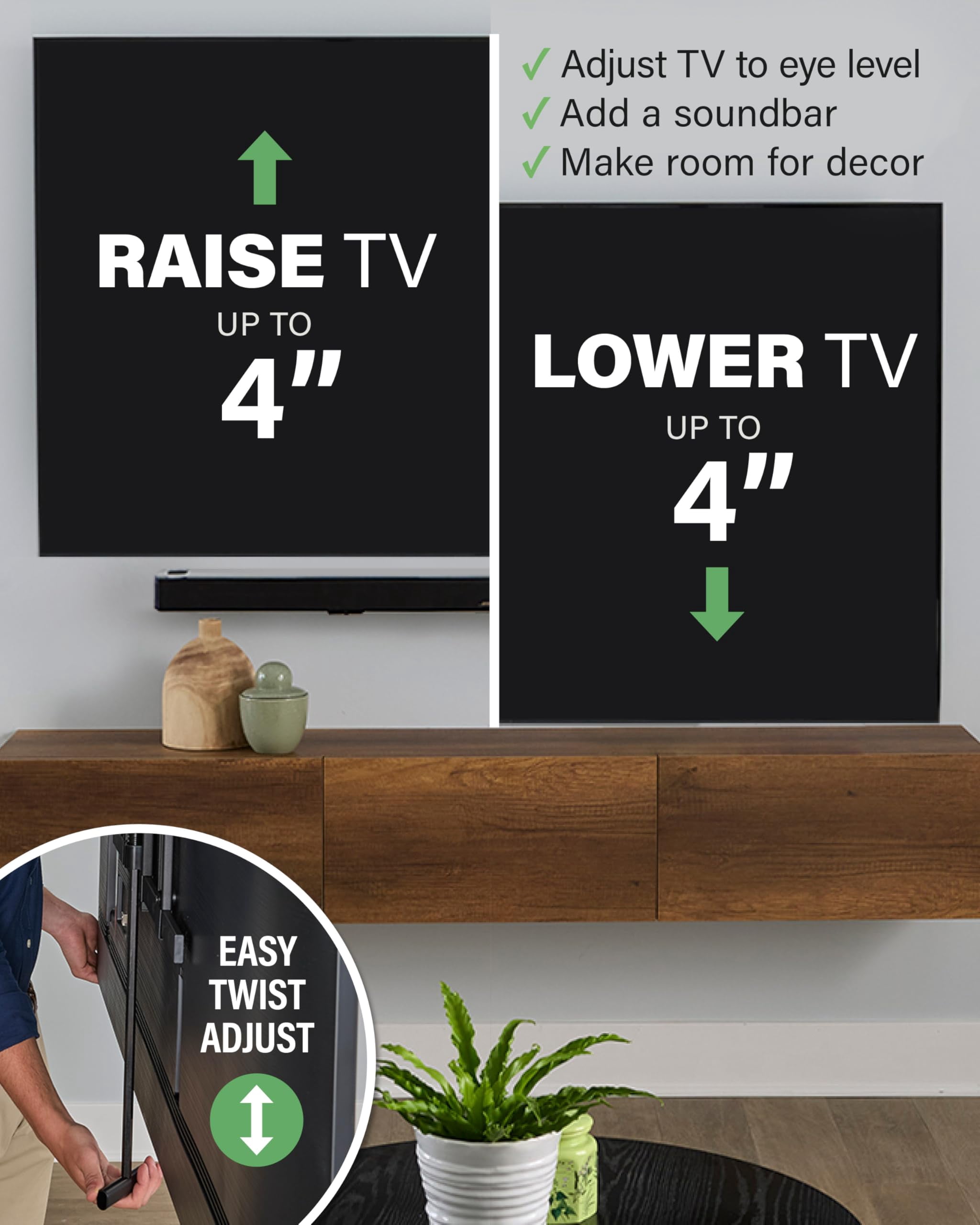 SANUS Height Adjustable Full Motion TV Wall Mount for 42" to 90" TVs - Raise or Lower TV 4" After Install - Maximizes Compatibility with Your Setup - 3 Step DIY w/Smooth Extension, Tilt & Swivel