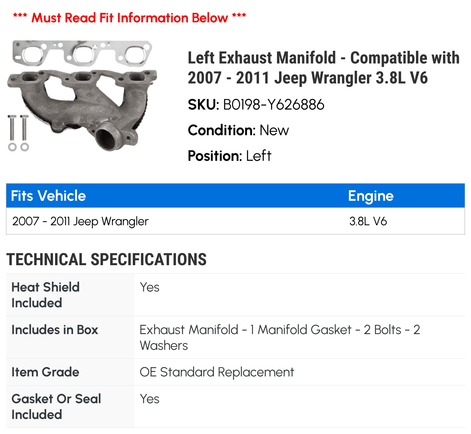 Left Exhaust Manifold Compatible with 2007 2011 Jeep Wrangler 3.8L V6  2008 2009 2010