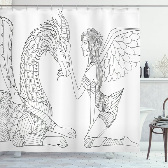 Ambesonne Fantasy Shower Curtain, Woman and Dragon, 69"Wx70"L, Black White