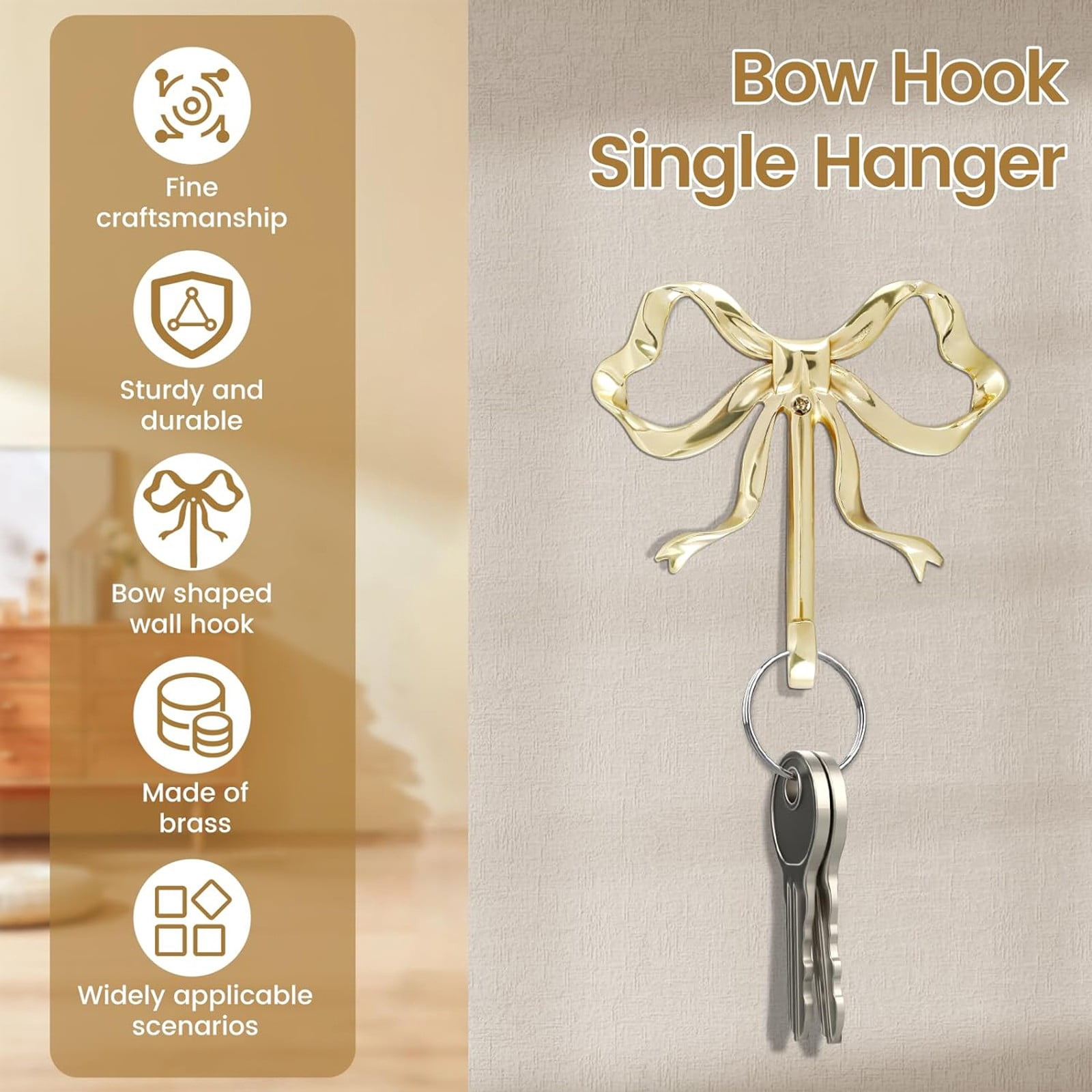 Command Hooks - Qyaukm 4-Pack Bow Shaped Hooks, Decorative Brass Wall Hooks for Towels, Hats, Bags, Keys, Bathroom Bedroom Living Room, Gold Bow Hangers S, 4X Brass Bow Hooks