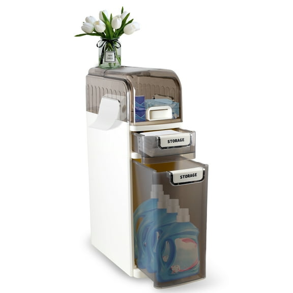 3 Tier Standing Storage Cabinet with Drawers and Removable Rollers, Slim Bathroom Storage Cabinet, Large Capacity Design, Narrow Toilet Paper Cabinet for Tight Spaces, White