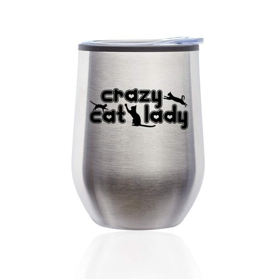 Stemless Wine Tumbler Coffee Travel Mug Glass with Lid Crazy Cat Lady (Silver)