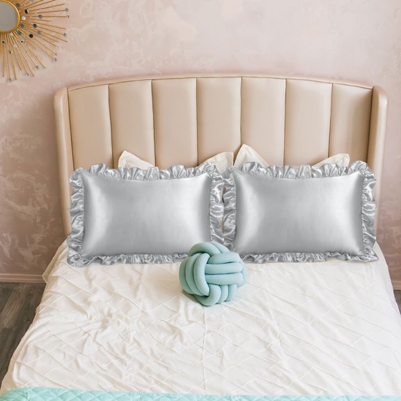 PiccoCasa Retro Satin Ruffle Pillowcases, Envelope Closure 43x63cm Set of 2 Silver