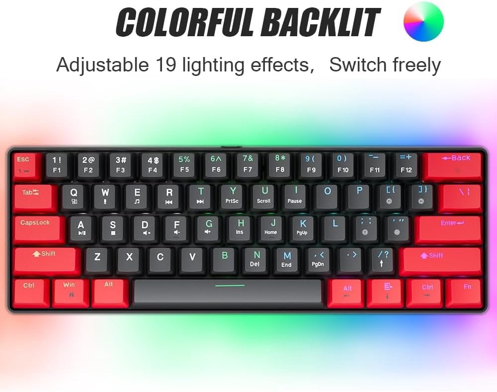 60% Mechanical Gaming Keyboard Black Wired Compact Keyboard Anti-Ghosting No-Conflict 61 Swappable keycaps Design for Windows/