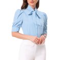 thumbnail image 4 of INSPIRE CHIC Women's Bow Tie Solid Color Puff Short Sleeve Button Down Bodysuit Blouse L Sky Blue, 4 of 6