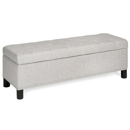 - Best Choice Products 48in Multifunctional Rectangular Tufted Upholstered Linen Fabric Padded Storage Ottoman Bench Footrest Furniture for Entryway, Living Room, Bedroom w/ Stud Rivets - Gray