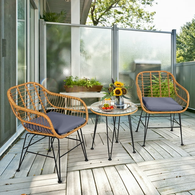 Costway 3PCS Patio Rattan Bistro Furniture Set Cushioned Chair Table Grey