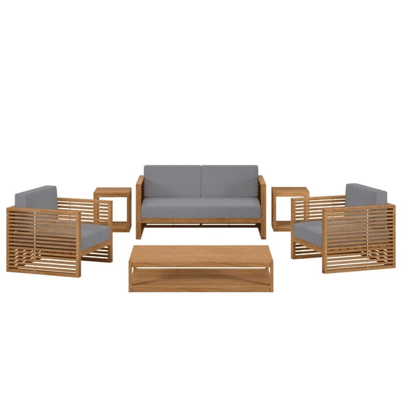 Lounge Sectional Sofa Table Set, Grey Gray Natural, Teak Wood, Outdoor Patio Balcony Cafe Bistro Garden Hospitality Restaurant, Modern Contemporary HB34140