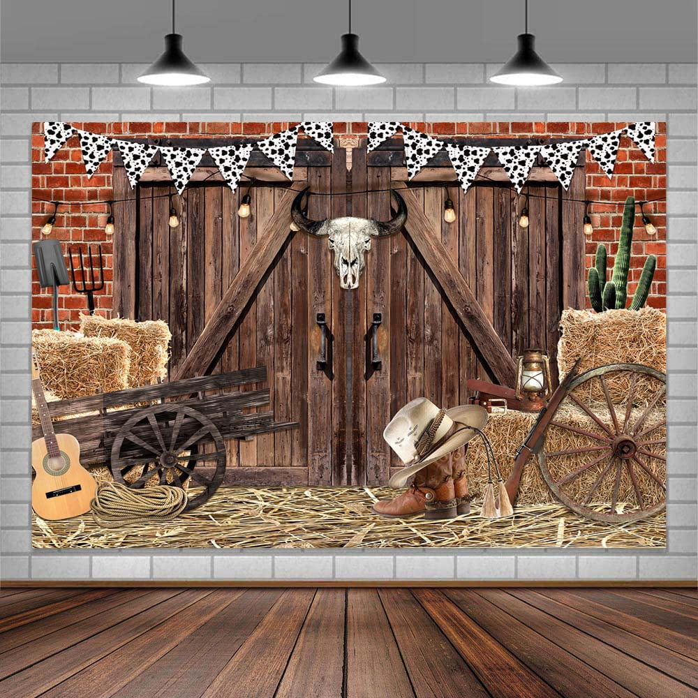 8X6ft Western Cowboy Party Backdrop Vintage Wild West Rustic Wooden House Barn Door Photography Background Cowboy Theme Party Decorations Banner Adults Kid Birthday Party