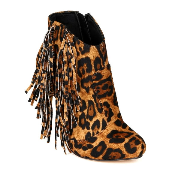 New Women Liliana Tavi-8 Leopard Suede Pointy Fringe Heel Riding Ankle Bootie