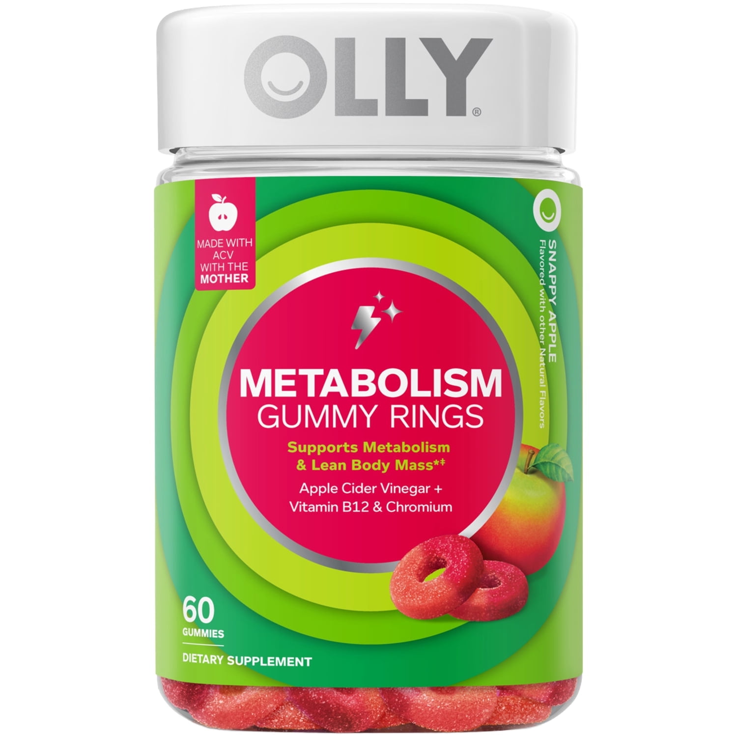 OLLY Metabolism Gummy Ring Supplement, Apple Cider Vinegar, Vitamin B12, Chromium Picolinate, Apple Flavored, 60 Ct
