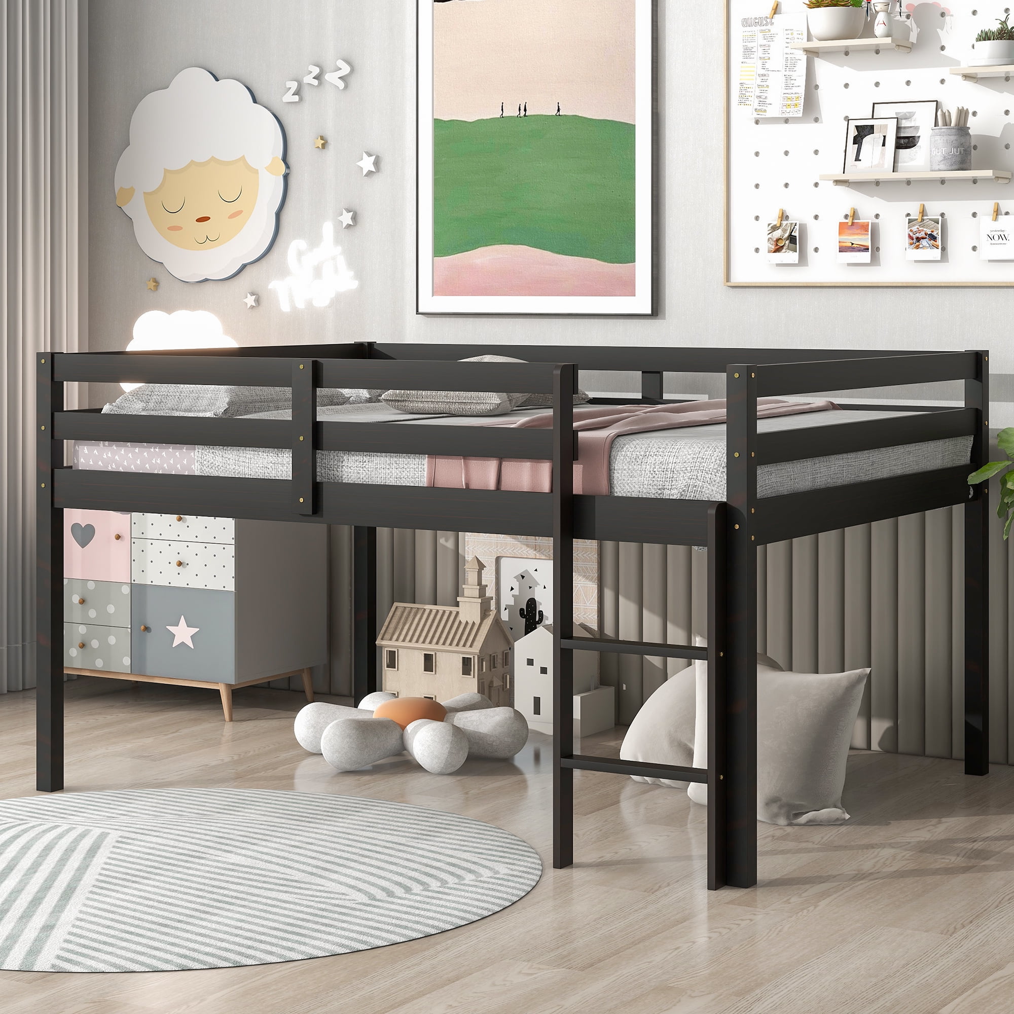 Clearance! Low Height Full Loft Bed, Espresso, Pine Wood, Space Storage ...