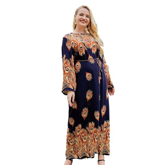 Tralilbee New Long Sleeve Casual Boho Style Long Dress Cozy Print Suit Fashion Elegant Women's Plus Size V Neck Suitable for Traveling Family Dinner