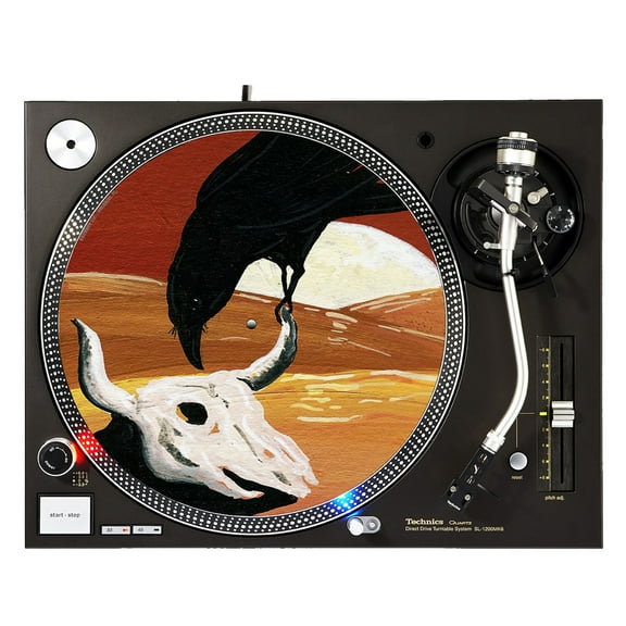 KuzmarK™ 12" DJ Turntable Slipmat - Raven & Cow Skull with Full Moon Surrealism Art by Denise Every