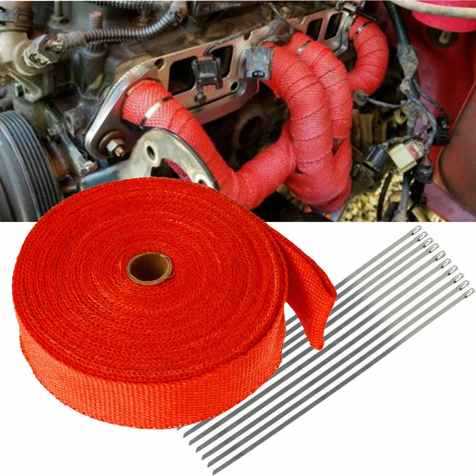 RED HEADER EXHAUST HEAT WRAP MANIFOLD 2 INCH 2X50 TURBO UNIVERSAL RACING TIES