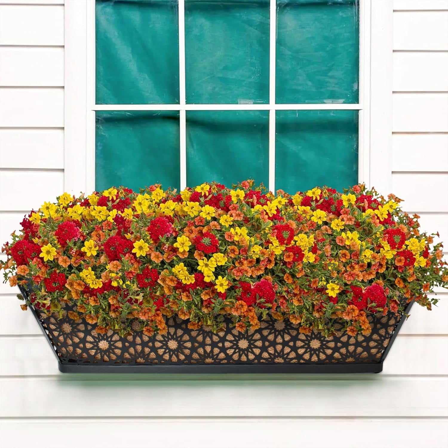 24 Inch Window Boxes Planters, 2 Pack Sturdy Metal Deck Flower Railing Planter Box with Coco Liners for Indoor Outdoor Decor, Adjustable Rail Planter for Window Fence Porch Balcony Patio Lawn