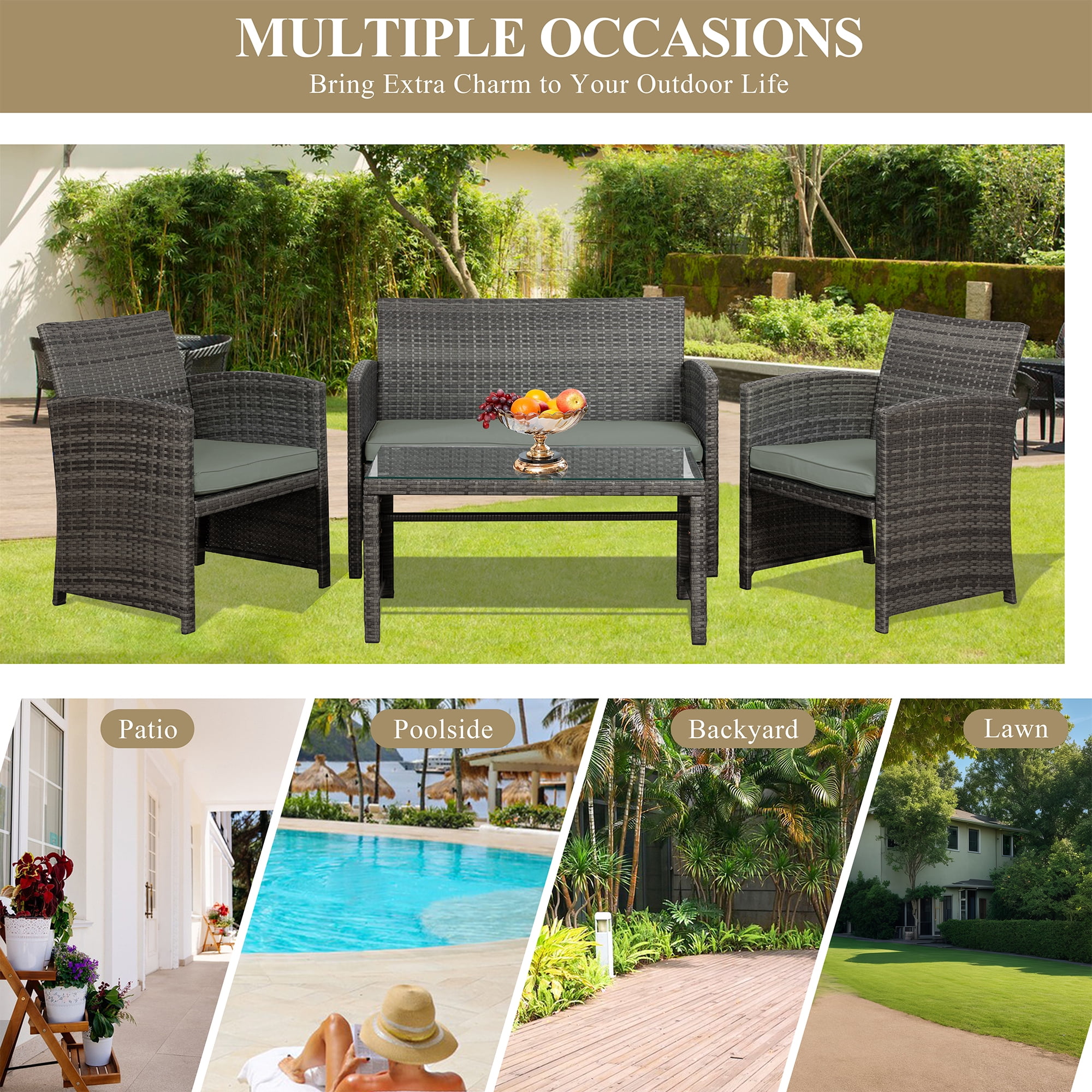 Walsunny Outdoor Patio Rattan Wicker Furniture Conversation Set 4 Piece with Cushions Tempered Glass Tabletop,Gray