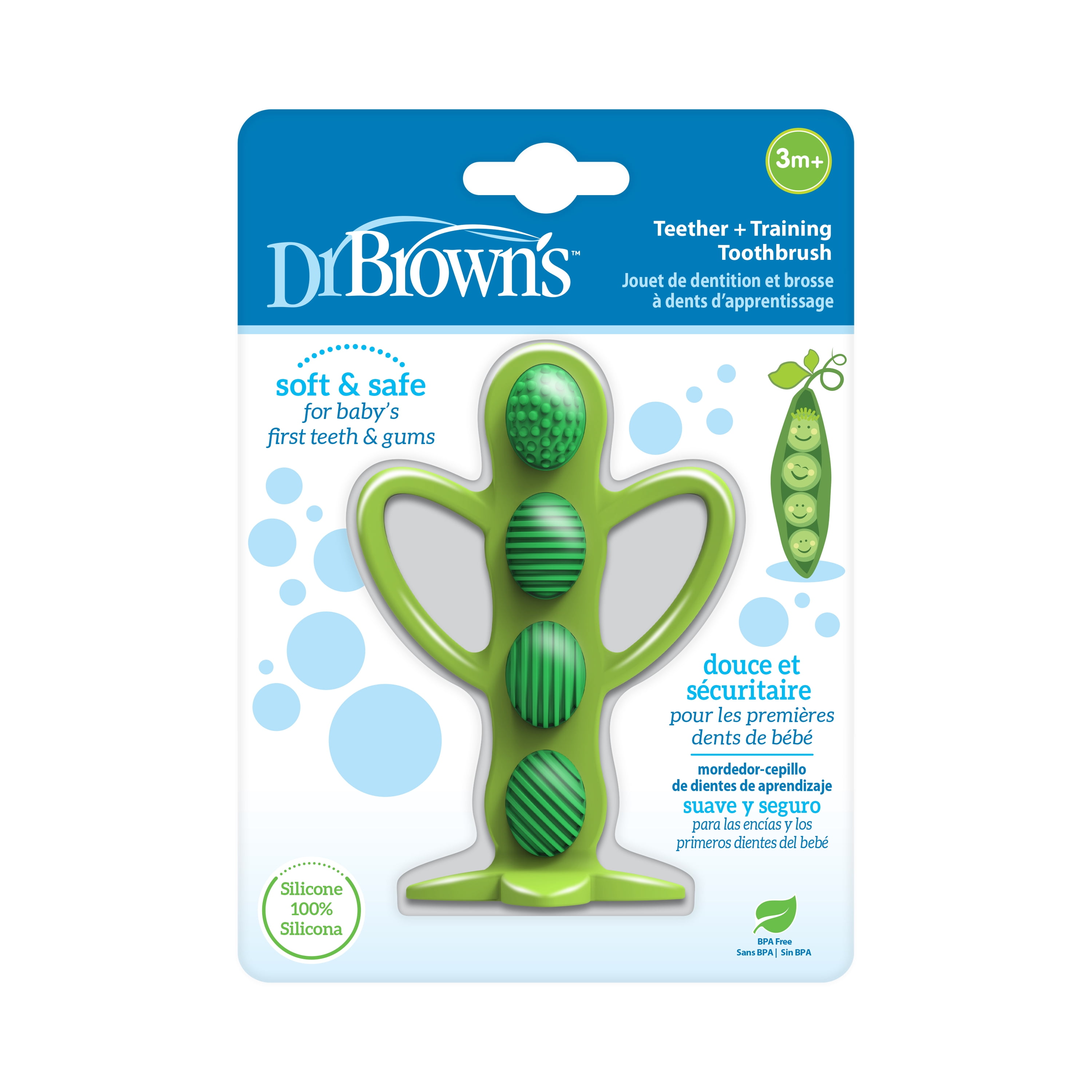 (2 pack) Dr. Brown's Peapod Teether & Training Toothbrush, Soft 100% Silicone, BPA Free, 3m+, 1 Pack