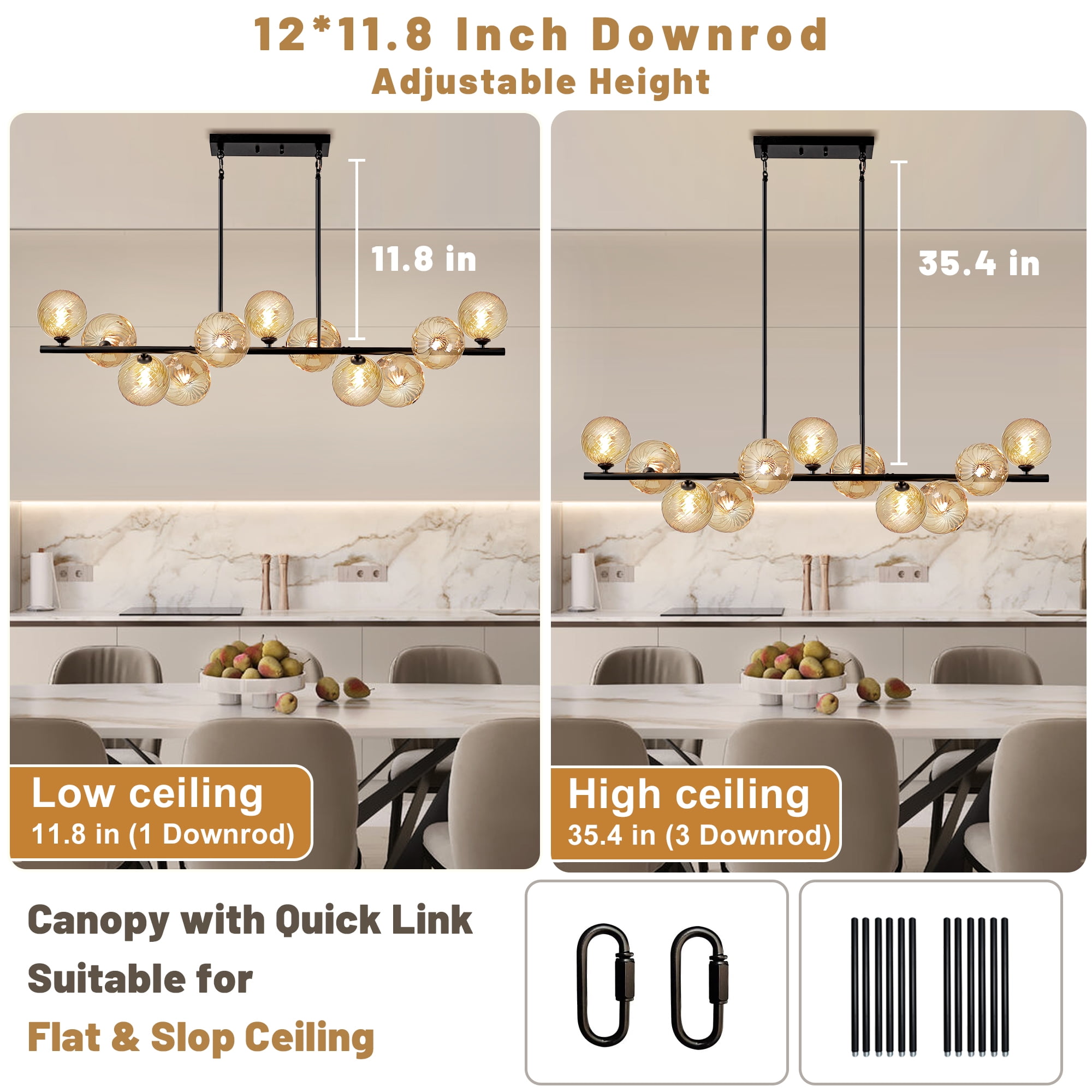 Lzawvm Linear Chandelier for Dining Room with Amber Swirled Glass Globe Dining Room Light Fixture 11-Lights Pendant Lights Kitchen Island for Living Room Sputnik Black 51inch