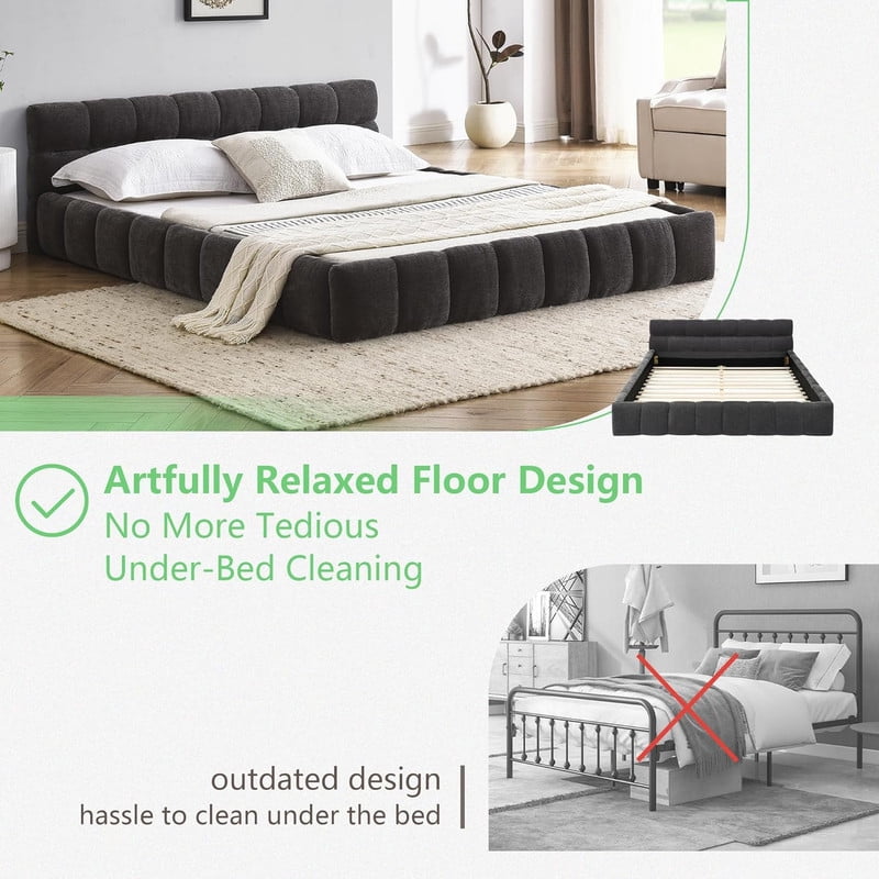 Queen Size Upholstered Platform Bed with Thick Fabric, Chenille Grounded Bed with Headboard and Solid Frame, No Box Spring Needed