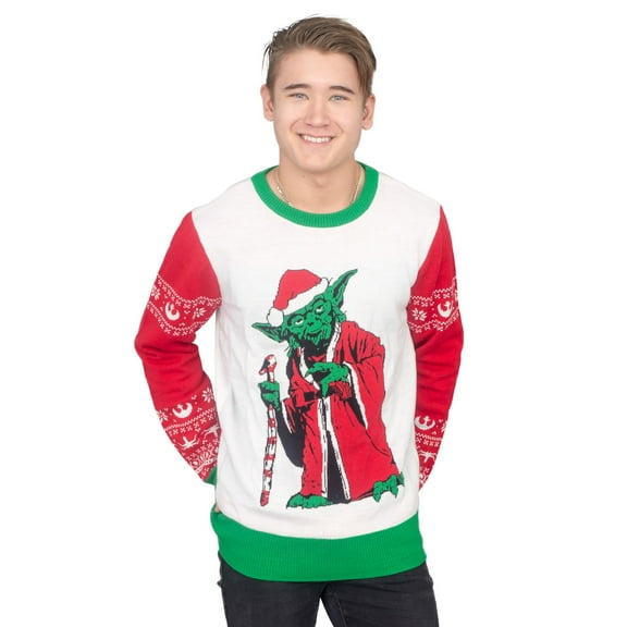 Star Wars Jedi Yoda Dressed As Santa Adult LED Light Up Candy Cane Ugly Christmas Sweater