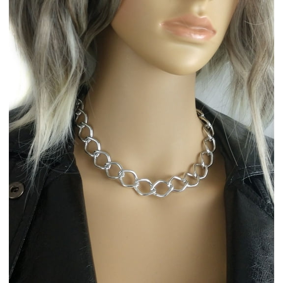 Thick Big Lightweight Curb Chain Punk Collar Necklace 18" Silver Tone Ladies Adult Women