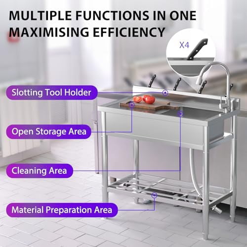 Stainless Steel Utility Sink Freestanding Single Bowl Laundry Sink With Hot/Cold Stainless Faucet Workbench & Storage Stainless Steel Sink for Kitchen and Bathroom Farmhouse Style 47x20x37inch