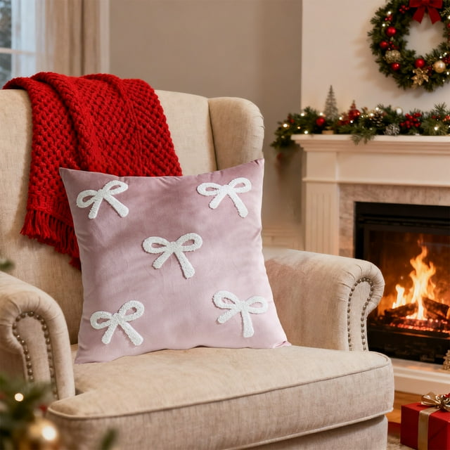 Funda de cojín para sofá con lazo de terciopelo, adornos navideños, regalos navideños, funda de almohada de vellón de una sola cara.