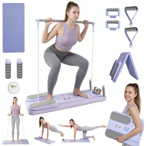 Pilates Board Set - Pilates Reformer, Multi-Foldable Pilates Reformer Set, Portable Pilates Reformer, Trainer Machine for Home Workout with Timer, Ab, Core, Fitness, Exercise (Purple)