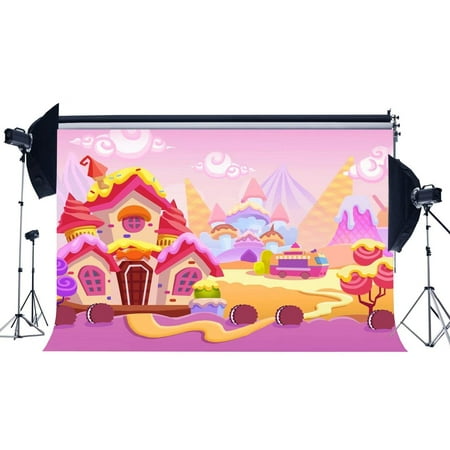 Image of ABPHOTO Polyester 7x5ft Girl s 1st Birthday Backdrop Fairytale Castle Backdrops Ice Cream House Candy Lollipops Fantasy Cartoon Photography Background for Baby Shower Princess Photo Studio Props