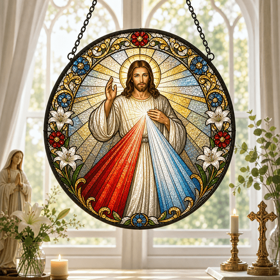 Divine Mercy Jesus Stained Glass Suncatcher for Window Hanging, Christian Gift