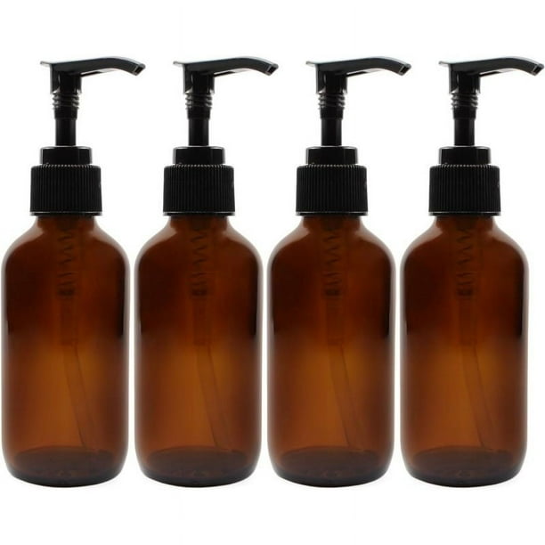 Botellas con dosificador de vidrio ámbar de 300 ml (paquete de 4); Ideal para lociones, jabón líquido, aromaterapia y más. Botella dividida.
