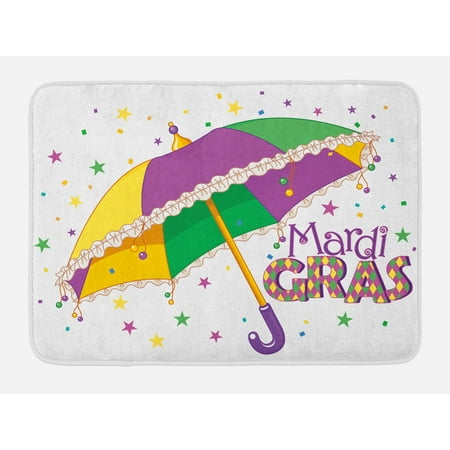 - Mardi Gras Bath Mat, Parade Preparations Umbrella Stars Confetti Figures Joyful Fun Party, Non-Slip Plush Mat Bathroom Kitchen Laundry Room Decor, 29.5 X 17.5 Inches, Purple Yellow Green, Ambesonne