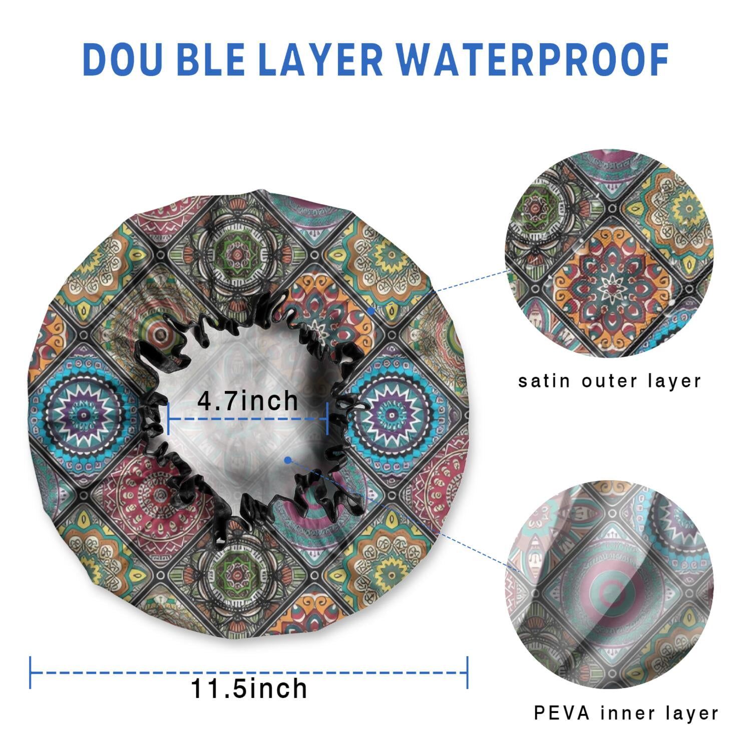 Shower Caps,Multicolor Ethnic Mandala Pattern Waterproof Shower Cap for Women 4 Pieces,Double Reusable Hair Cover for Shower PEVA Elastic Stretch Hem
