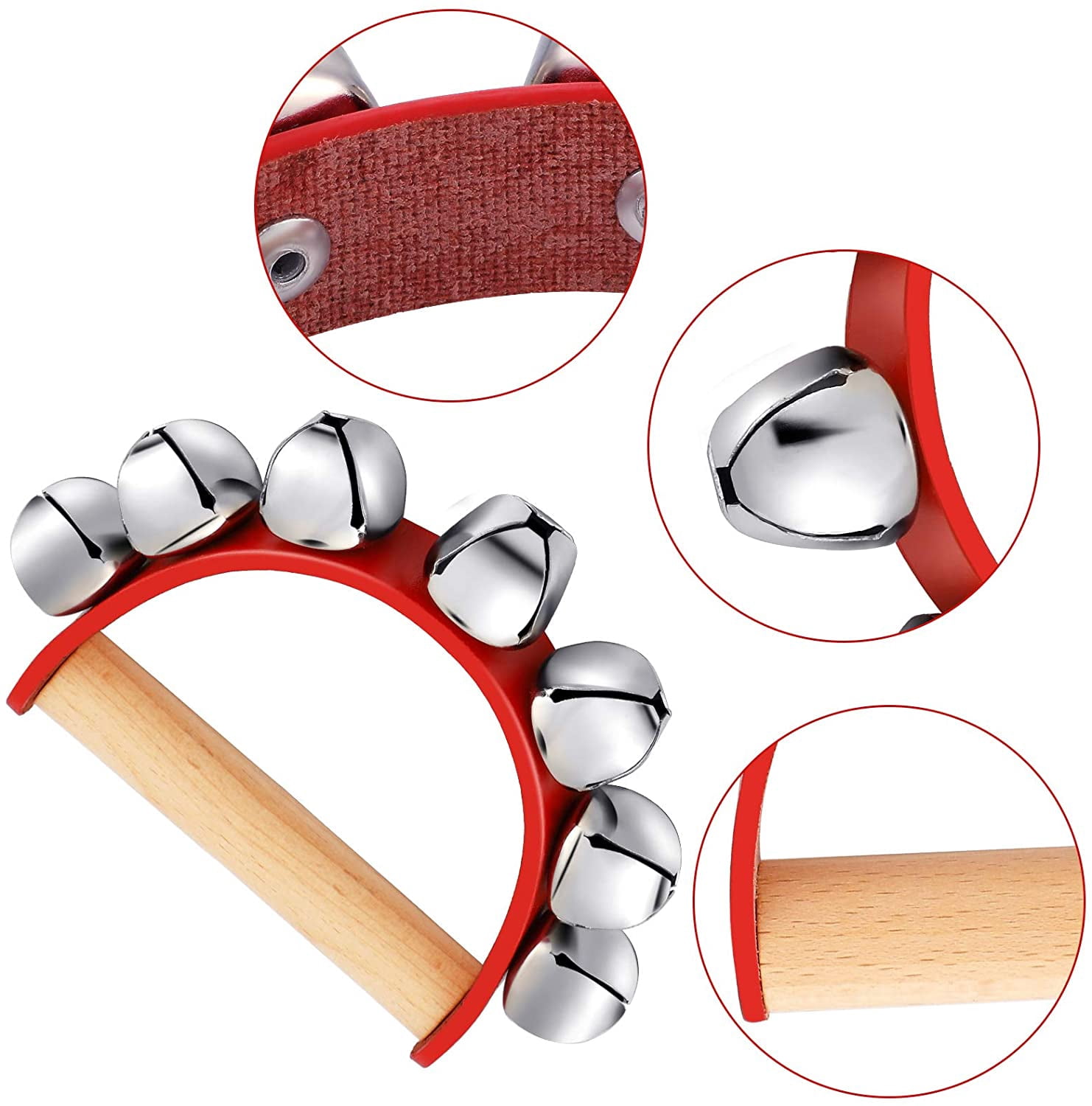 ABCISI 3 Pieces Handbell, Hand Jingle Bell Early Educational Musical Instrument, Sleigh Bell for Christmas Caroling,Wooden Handle Instrument with 7 Bells for Music Class Party School Band Performance